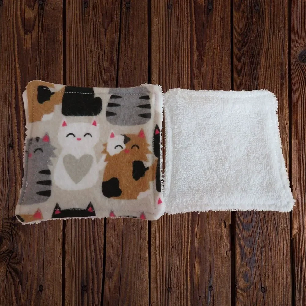 Handmade Makeup Remover Pads,  6 Square Pads With Cats, Flannel and Terry Cloth